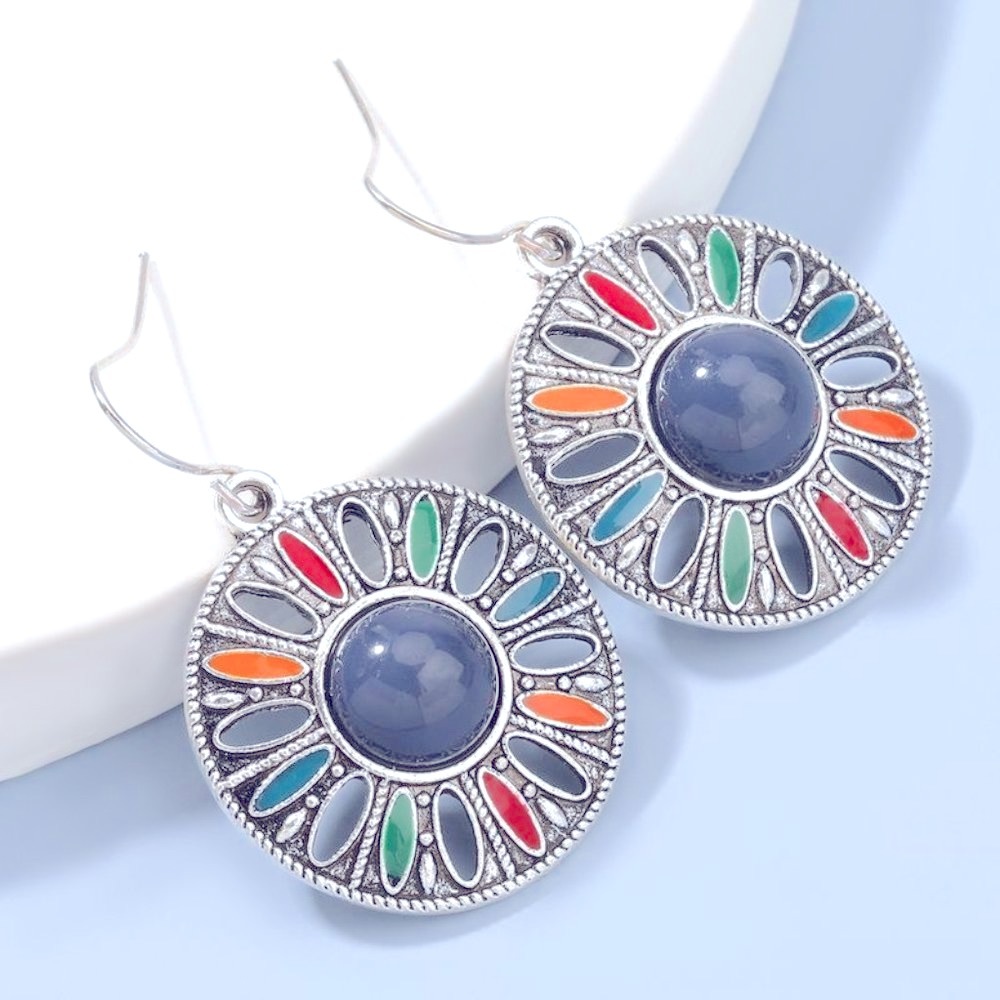 Multi-Colors Retro Vintage Boho Round Drop Oleoresin Flower Earrings